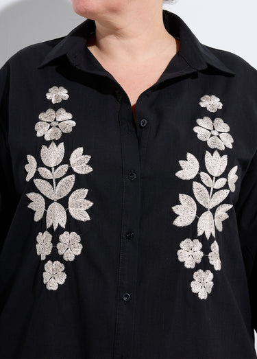 Chemiser boutonné avec broderies fleurs Noir/Beige