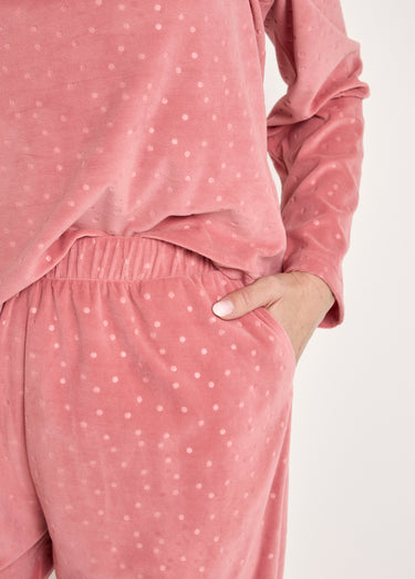 Pyjama pantalon col rond velours embossé pois Rose
