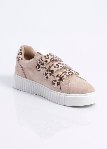 Baskets à scratchs, suédine et léopard Beige