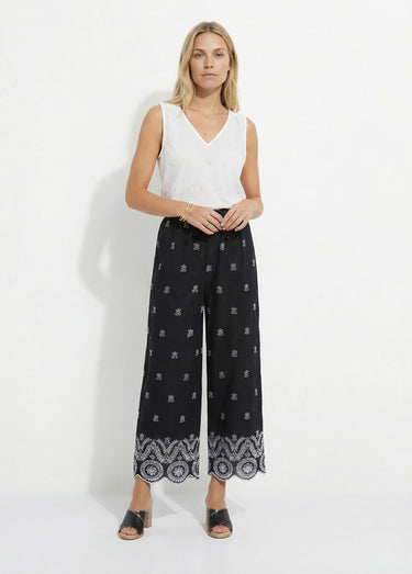 Pantalon large coton brodé taille élastiquée Noir / Blanc