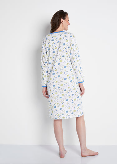 Chemise de nuit boutonnée coton imprimé mi longue Bleu