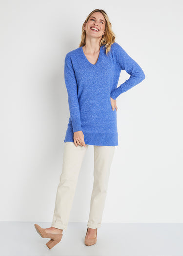 Pull tunique chiné long col V avec laine Bleu