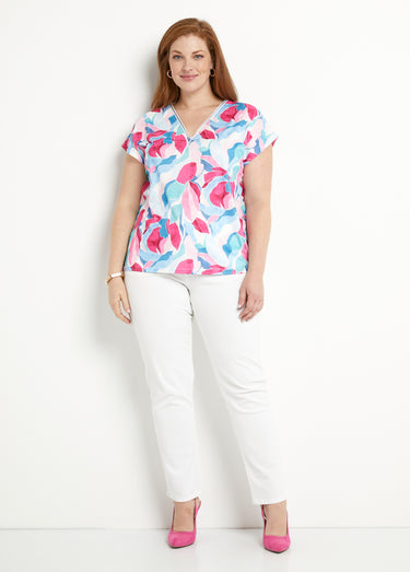 T-shirt court col V brillant imprimé Bleu/Rose