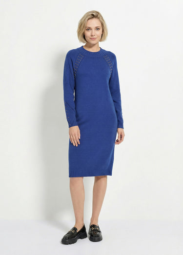 Robe-pull col montant détails côtelés perlés Bleu