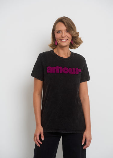 T-shirt col rond à message et effet used Gris