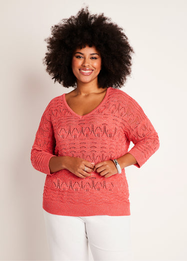 Pull manches 3/4 motif ajouré col V Corail
