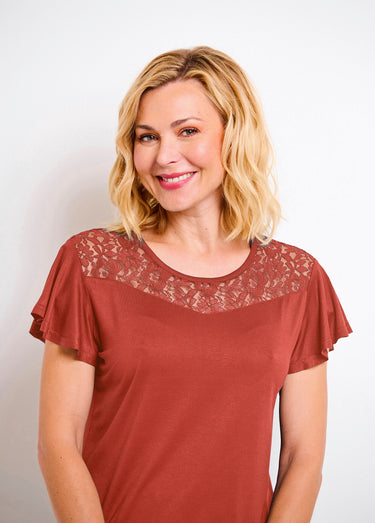 T-shirt manches courtes dentelle Terracotta