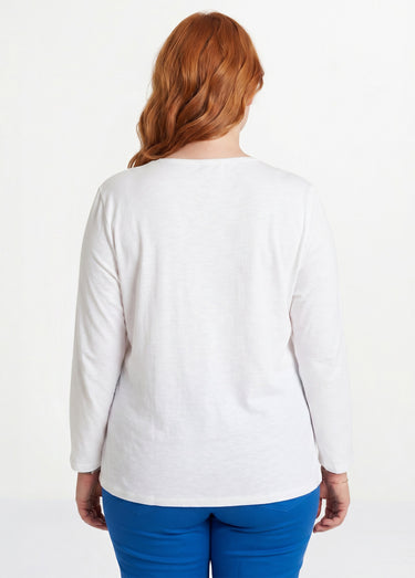 T-shirt manches 3/4 coton et macramé Blanc