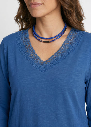 T-shirt manches 3/4 coton et macramé Bleu