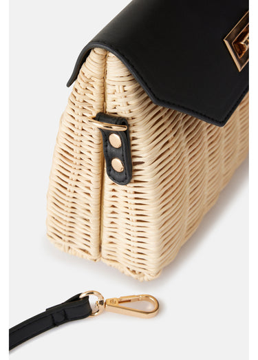Sac besace bicolore rotin tressé Naturel / Noir