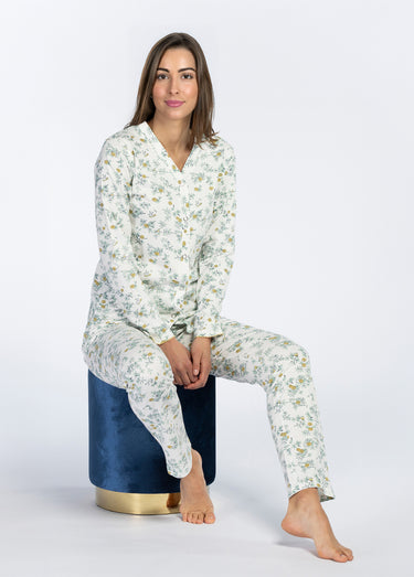 Pyjama long boutonné motif fleuri Menthe