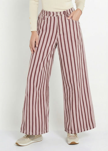 Pantalon très large, denim rayé fantaisie Bordeaux/Rose