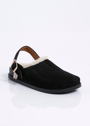 Mules fourrées en suédine, bride talon Noir