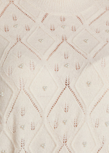 Pull doux ajouré perlé col montant Ecru