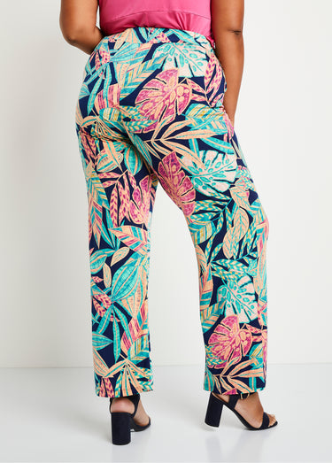 Pantalon large ceinture élastiquée feuillage Vert/Rose