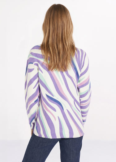 Pull doux court col rond imprimé graphique Ecru/Violet