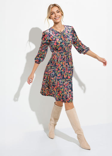 Robe courte velours ras fleuri col V évasée Marine/Rose