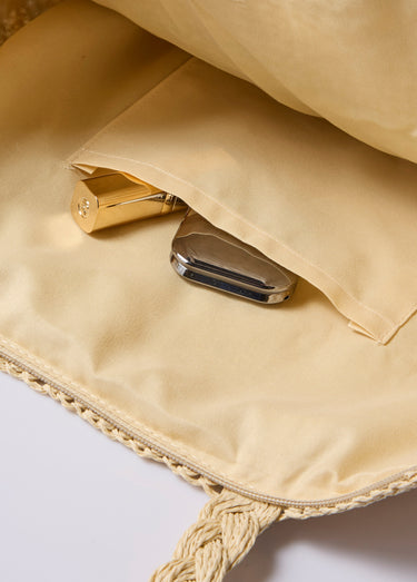 Grand sac en paille, rayures et longues anses Naturel/Argente