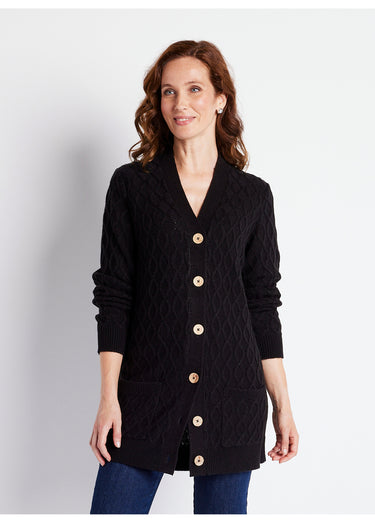 Gilet long boutonné torsades col V Noir