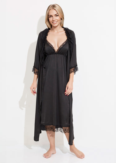 Nuisette longue + déshabillé satin dentelle Noir