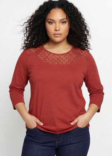 T-shirt coton et dentelle manches 3/4 Tomette