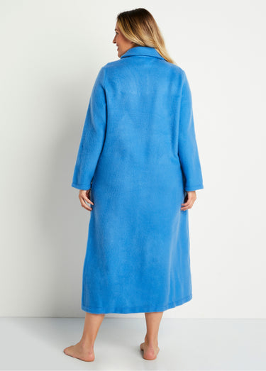 Peignoir boutonné long molleton brodé col châle Bleu