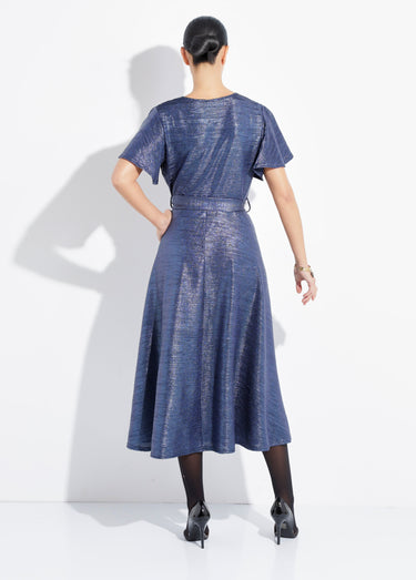 Robe longue brillante, manches papillon Bleu Nuit