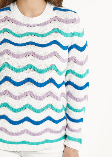 Pull doux col rond reliefé rayé point mousse Fond Ecru