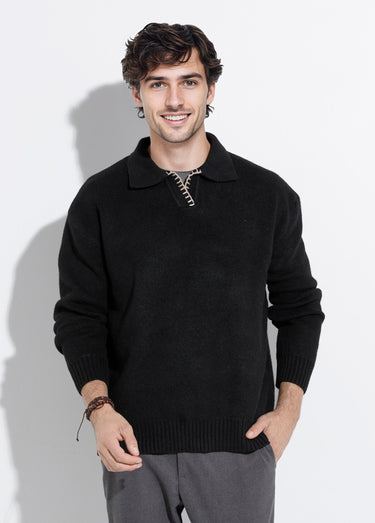 Pull avec col polo finition fantaisie Noir