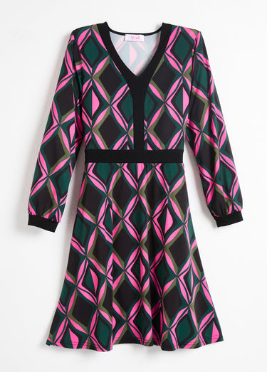 Robe évasée courte graphique col V Rose/Vert