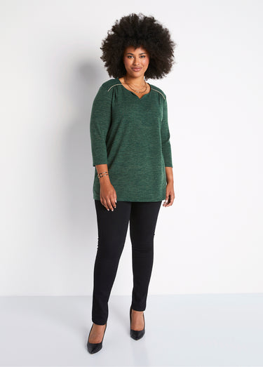 T-shirt long évasé manches 3/4 col rond Uni Vert