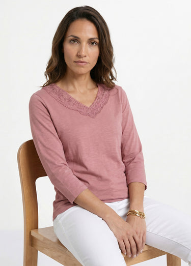 T-shirt manches 3/4 coton et macramé Rose