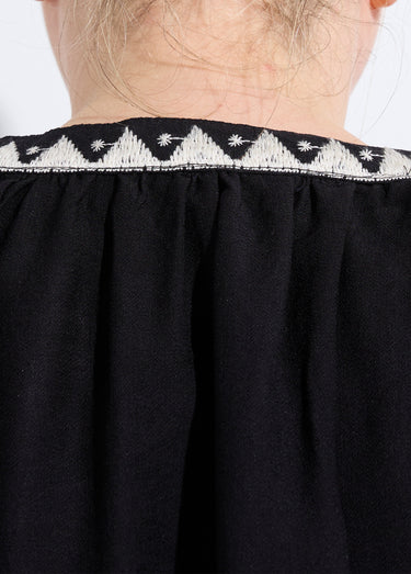 Blouse avec broderies et petit col V Noir/Ecru