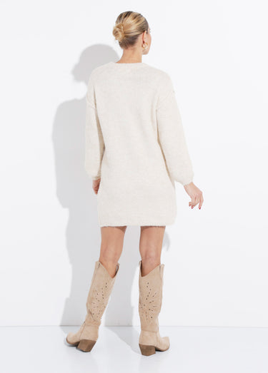 Robe pull courte en maille, col rond Beige