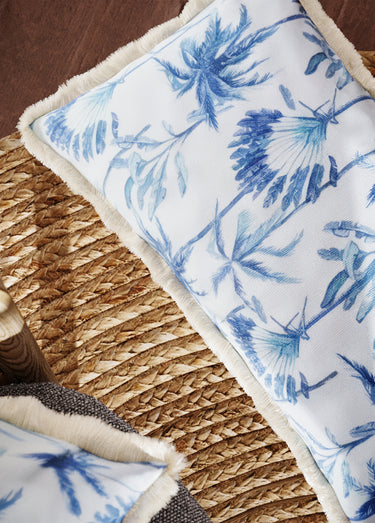 Coussin ethnique décoratif à franges Feuillage Bleu