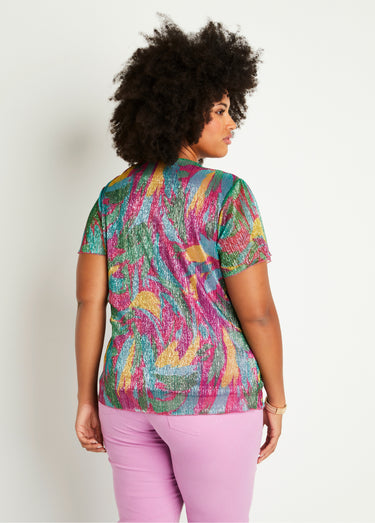 T-shirt court imprimé feuillage doré Fuchsia/Vert