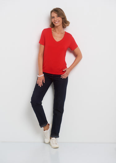 T-shirt fluide col V manches courtes Rouge