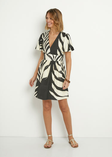 Robe courte imprimée col V manches papillon Noir/Ecru