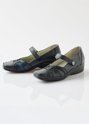 Ballerines largeur confort cuir scratchées Marine