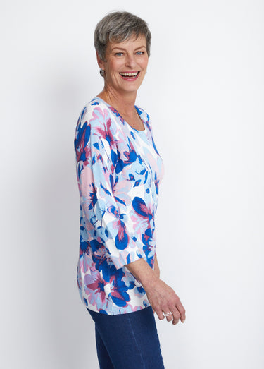 Pull manches 3/4 imprimé floral Bleu/Rose