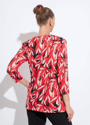 T-shirt long évasé manches 3/4 col rond Imprime Rouge