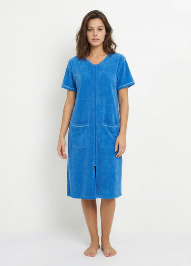 Peignoir de bain éponge coton uni zippé Bleu
