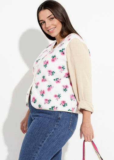Gilet de berger sans manches, fleuri Ecru/Rose