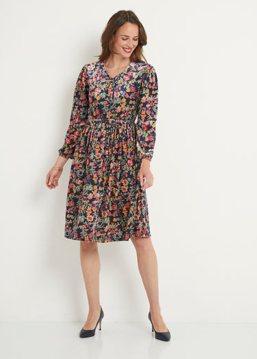 Robe courte velours ras fleuri col V évasée Marine/Rose