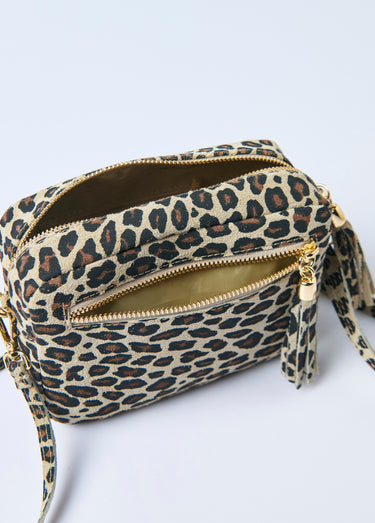 Sac à bandoulière en cuir nubuck, léopard Leopard Beige