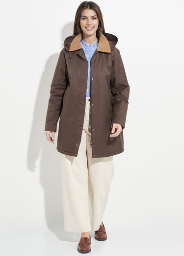 Parka déperlante longue avec col velours Chocolat/Camel