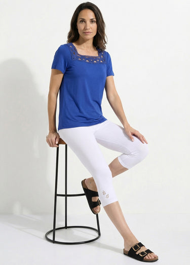 Legging court ceinture élastiqué bas brodés Blanc