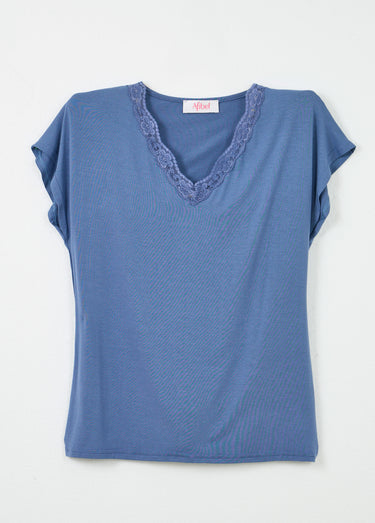 T-shirt court extensible dentelle Bleu Orage