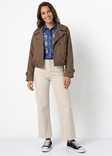 Trench court boutonné, taille bouffante Chocolat