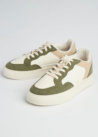 Sneakers multimatières à lacets Kaki